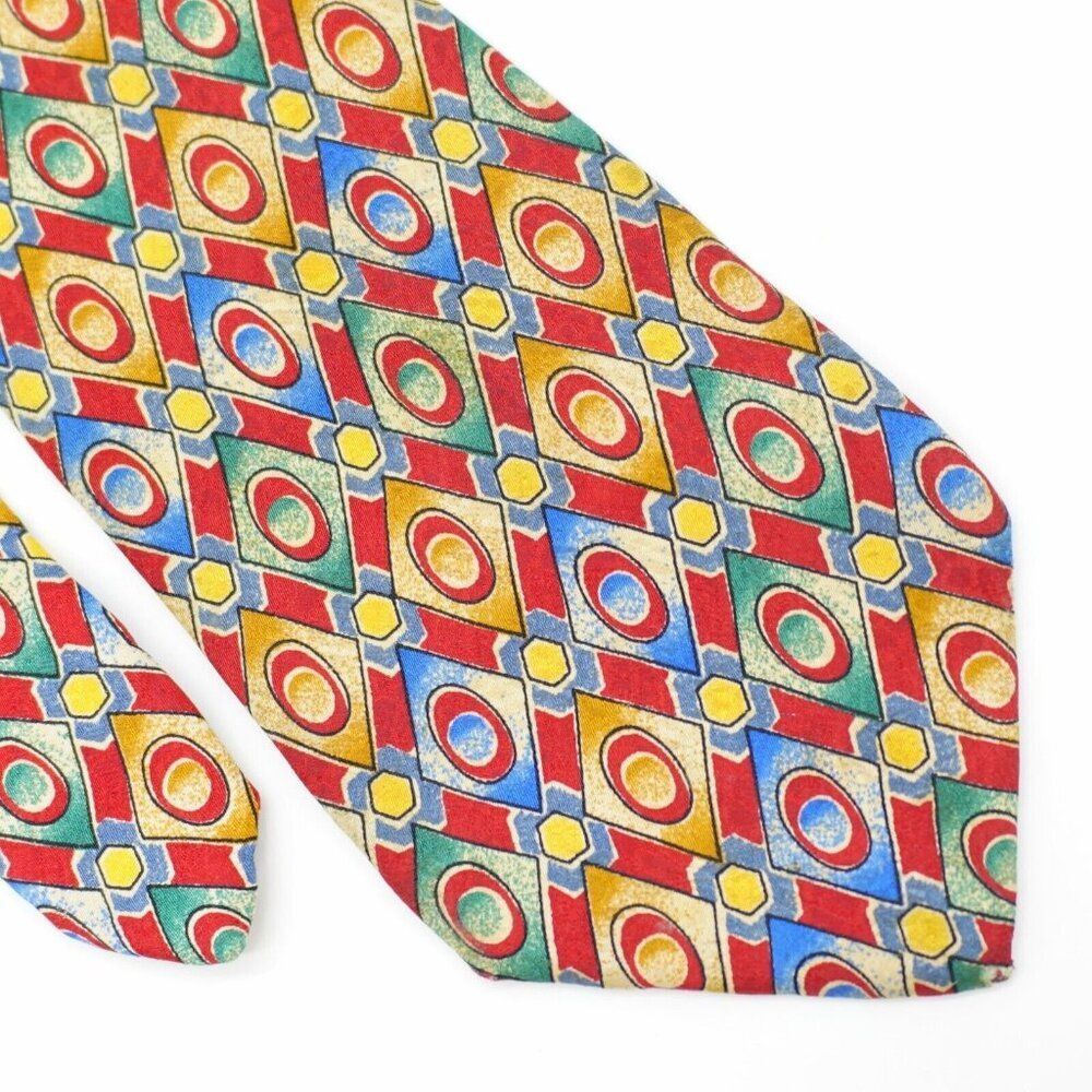 Altea Red Yellow Blue Green Abstract Geometric Print Wide Silk Tie